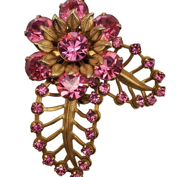Retro Abstract Leaf Brooch Pink Rhinestone Flower Pin Gold Tone MCM Vintage 60s - Picture 1 of 6